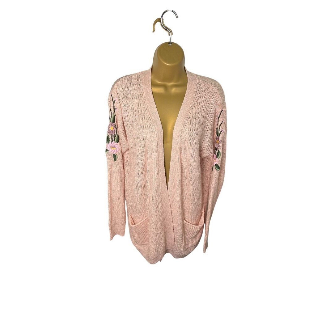 Mossimo Open Knit Cardigan Floral Embroidered Longline Blush Pink S